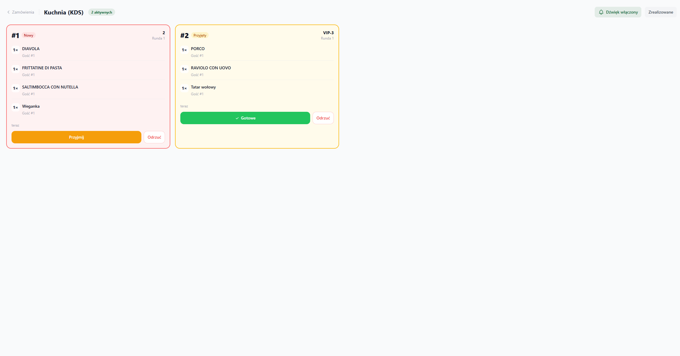 Screenshot modułu Kuchnia KDS w Queik