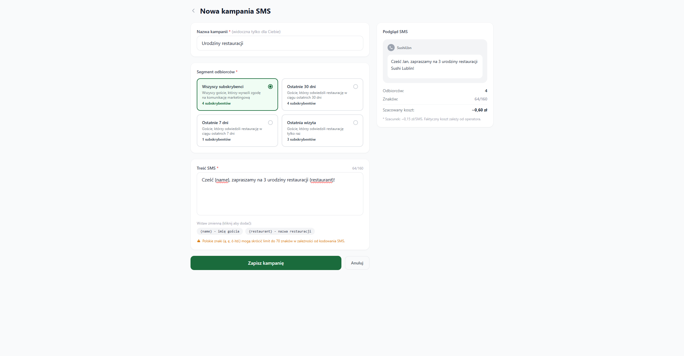 Podgląd modułu Marketing SMS