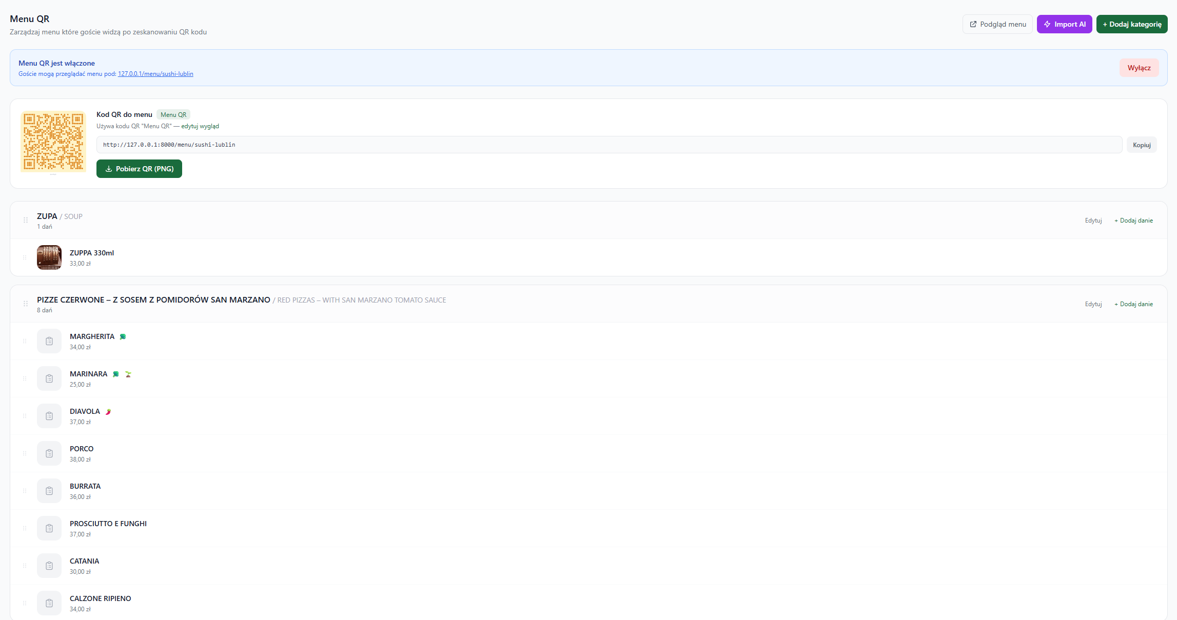 Screenshot modułu Menu QR w Queik